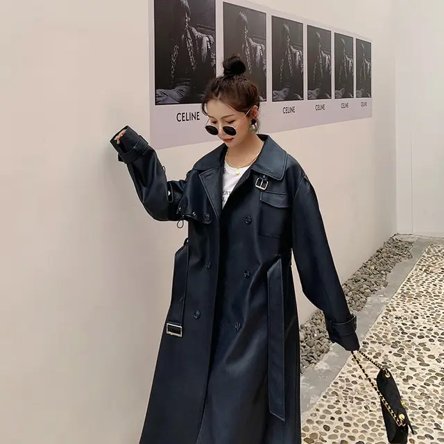 Temperament Popular Over The Knee Thick PU Leather Coat Jacket Navy Blue - Shop at LoveMi