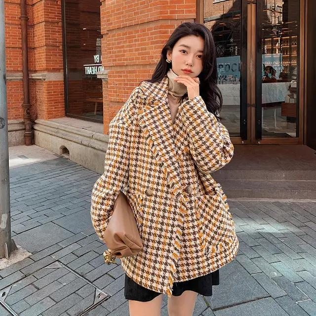 Houndstooth Women's Casual Suit Woolen Coat Yellow - Shop at LoveMi