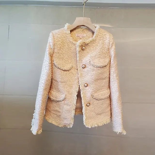 Autumn And Winter Thin Tweed Woolen Tassel Coat Women Beige - Shop at LoveMi