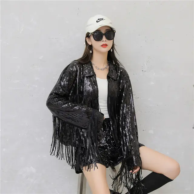 Women's Tassel Sequin Jacket Autumn Winter Streewear Rock Black - Shop at LoveMi