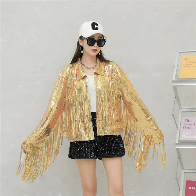 Women's Tassel Sequin Jacket Autumn Winter Streewear Rock Gold - Shop at LoveMi