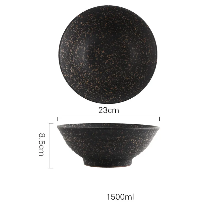 Japanese Vintage Ceramic Ramen Tableware Household Retro Bowl - Black Gold Dots