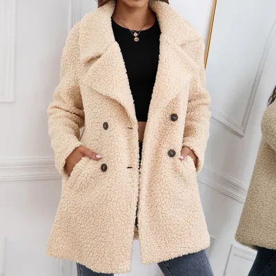 Lamb Fur Coat Loose Lapel Plush Windbreaker Women Beige - Shop at LoveMi