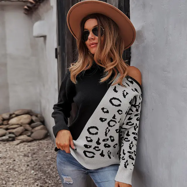 Sweater Leopard Pattern Stitching Top Waistcoat Long Sleeve Women Black - Shop at LoveMi