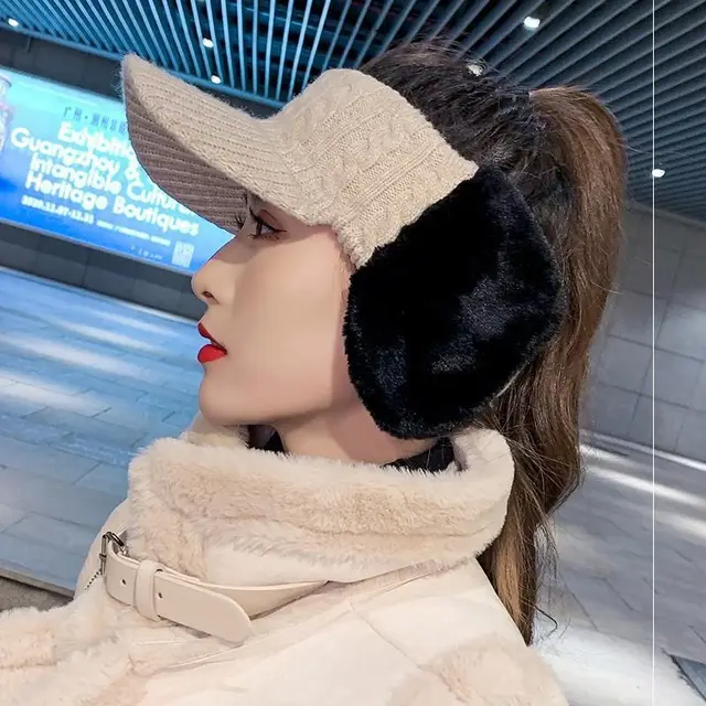 Women's Autumn And Winter Fashion Knitted Wool Hat With Velvet Ear Protection Beige Black - Shop at LoveMi