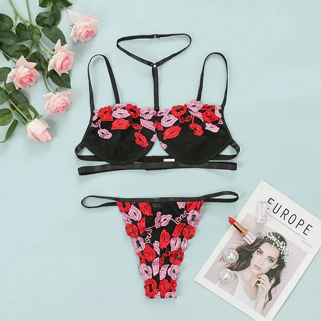 Large Size Embroidered Halterneck Sexy Girly Lingerie Set Red - Shop at LoveMi