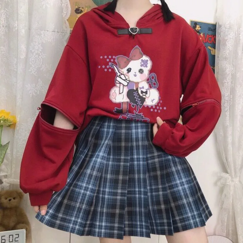 Bear Print Detachable Two wear Hooded Sweatshirt Red - Shop at LoveMi
