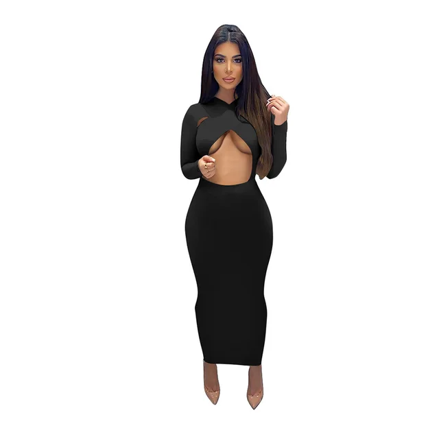 Pure Color Temperament Commuter Wrapped Chest Long Sleeve Midi Dress Black - Shop at LoveMi