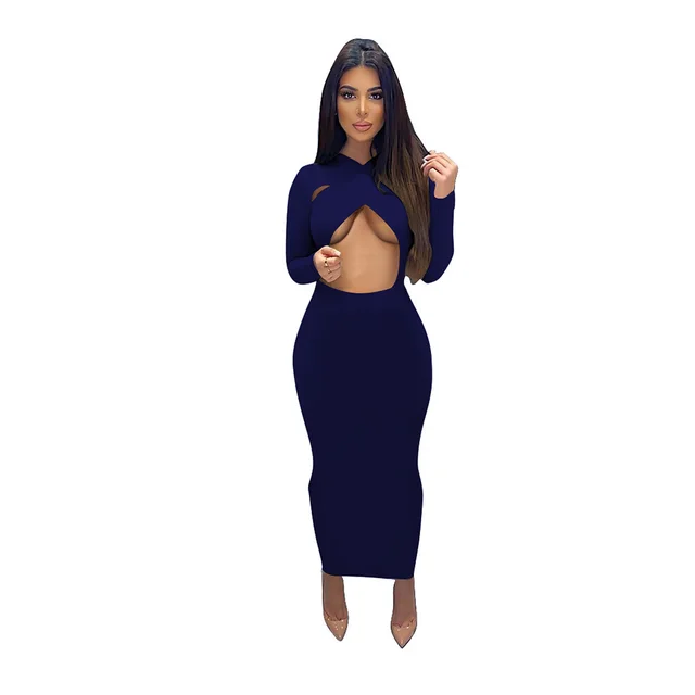 Pure Color Temperament Commuter Wrapped Chest Long Sleeve Midi Dress Blue - Shop at LoveMi