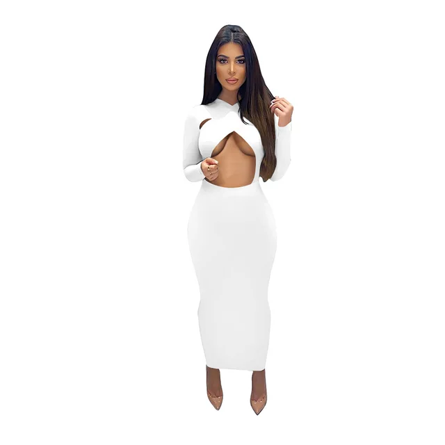 Pure Color Temperament Commuter Wrapped Chest Long Sleeve Midi Dress White - Shop at LoveMi