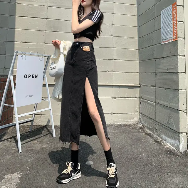 High waisted Thin A line Mid length Bag Hip Skirt Black Grey - Shop at LoveMi