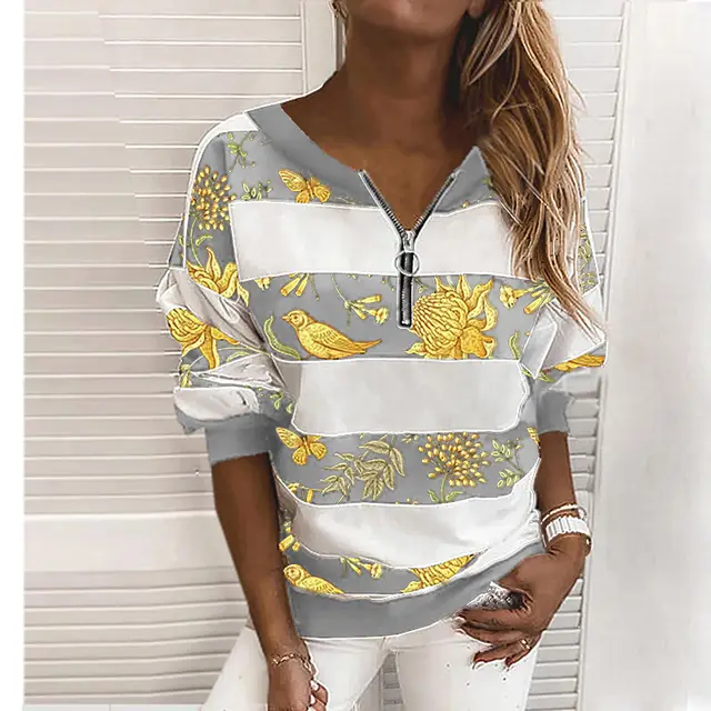 Striped Printed Long sleeved Zipper Loose Casual Sweater Grey - Shop at LoveMi