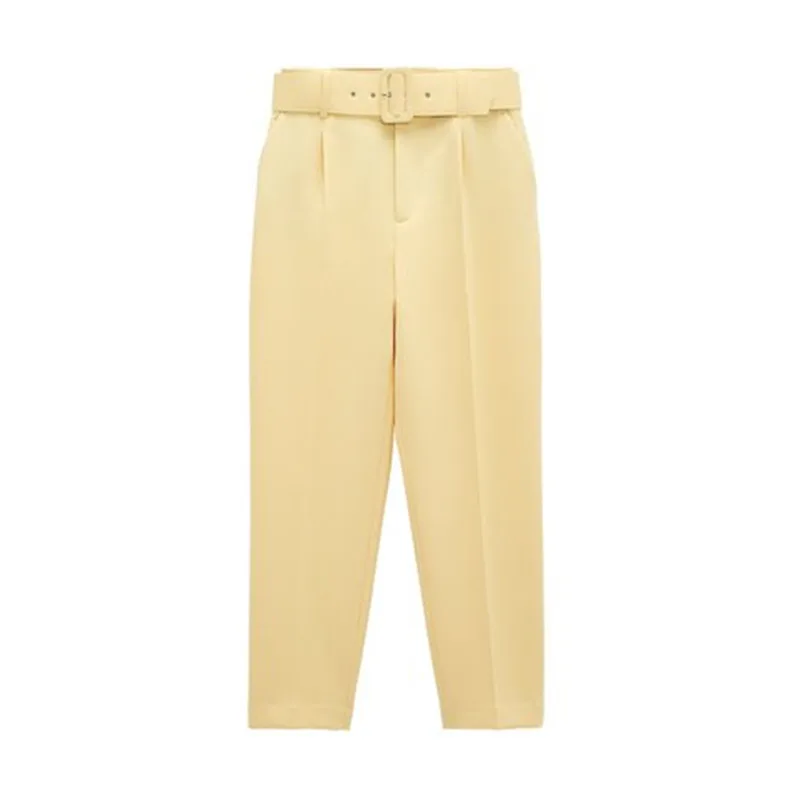 Slim Fit And Slimming Waist Belt Accessories, High Waisted Casual Pants, Yellow Cropped Pants Pants Light Yellow - Shop at LoveMi