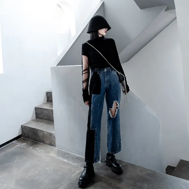 Spring And Autumn Ripped Straight leg Jeans Blue - Shop at LoveMi