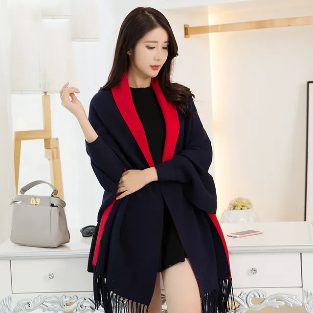 Big Cape Double sided Shawl Scarf With Sleeves Navy Blue Red - Shop at LoveMi