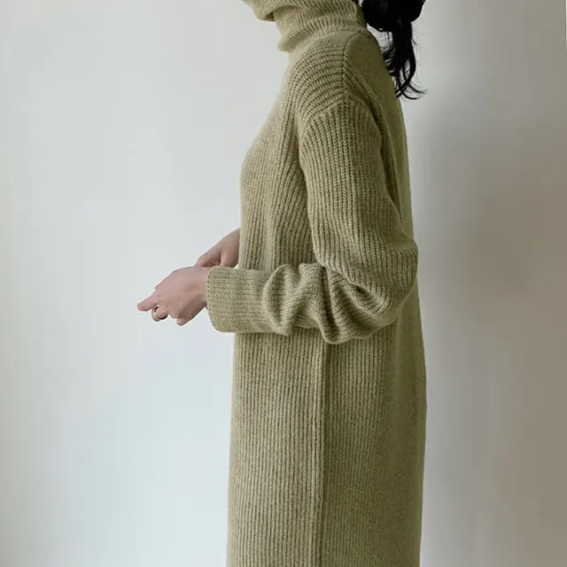 Loose High Neck Women Over The Knee Long Sweater Dress Khaki Green - Shop at LoveMi