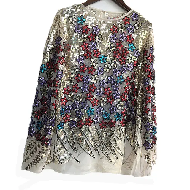 Lace Small Flowers Beaded Sequined Shirt Long sleeved Top Apricot - Shop at LoveMi