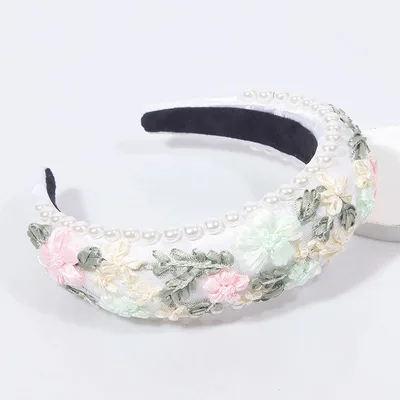 Imitation Pearl Retro Headband Floral Woven Fabric White - Shop at LoveMi