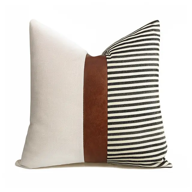 PU Leather Stitching Canvas Stripe Pillowcase Sofa Car Cushion Black - Shop at LoveMi