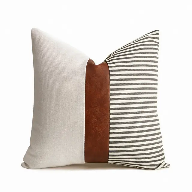 PU Leather Stitching Canvas Stripe Pillowcase Sofa Car Cushion Grey - Shop at LoveMi