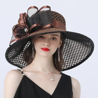 Large brimmed Hat With Mesh Flower Decoration For Comfortable Shading Brown - Shop at LoveMi