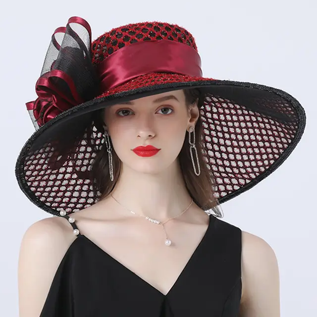Large brimmed Hat With Mesh Flower Decoration For Comfortable Shading Wine Red - Shop at LoveMi