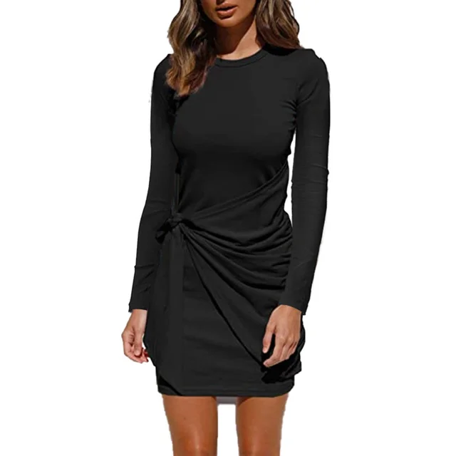 Irregular Dress With Pleated Bow Tie Belt Black - Shop at LoveMi