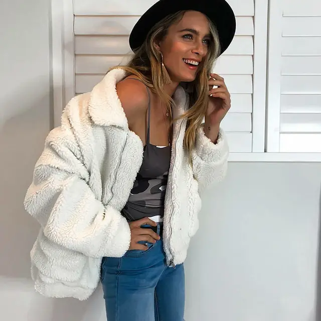 Women's Lapel OL Plush Loose Casual Jacket White - Shop at LoveMi