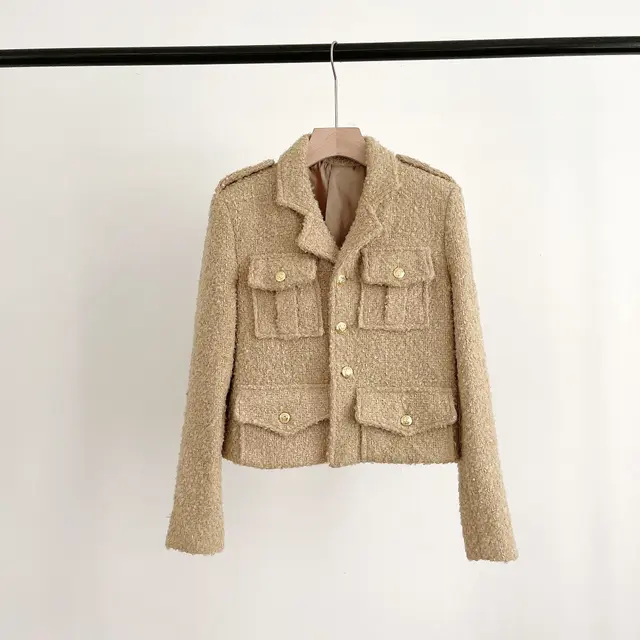 Ladies Fashion Casual Tweed Wool Suit Jacket Khaki - Shop at LoveMi