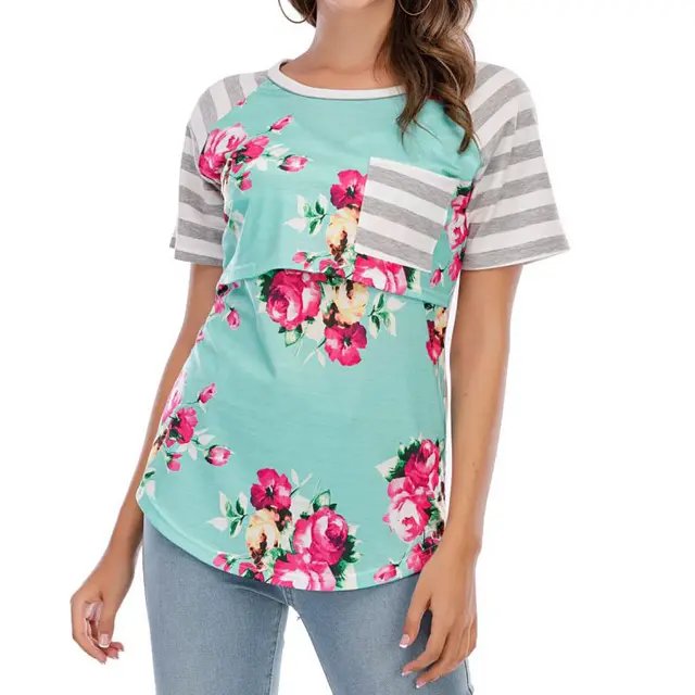Multifunctional Striped Print Stitching Short sleeved Nursing Clothes Green - Shop at LoveMi