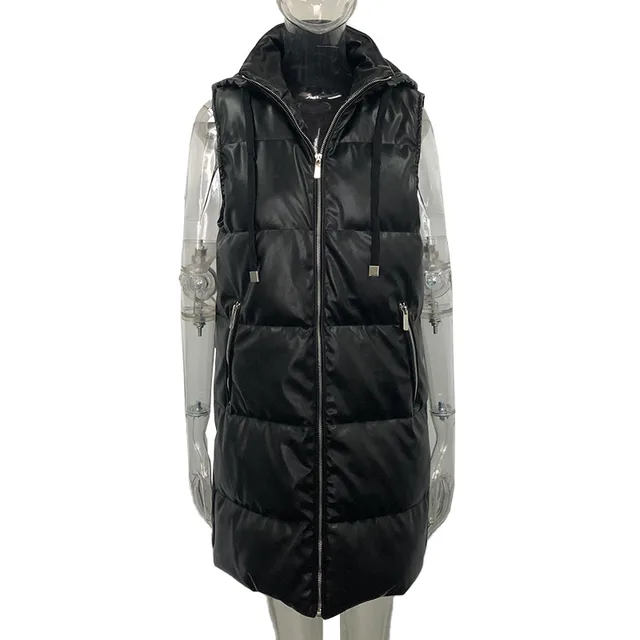 Pure Color Black Hooded Vest Women's Fashion Zipper PU Black - Shop at LoveMi