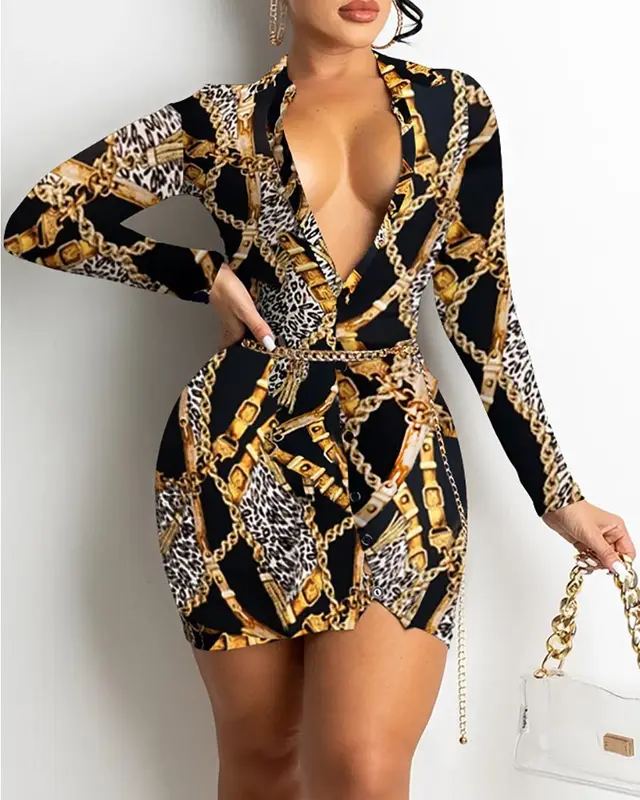 Printed V neck Long sleeved Midi Dress Black - Shop at LoveMi