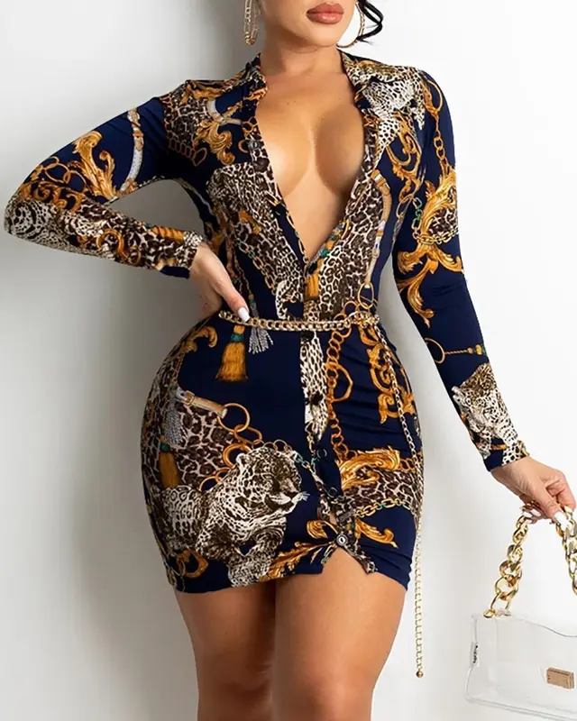 Printed V neck Long sleeved Midi Dress Navy Blue - Shop at LoveMi