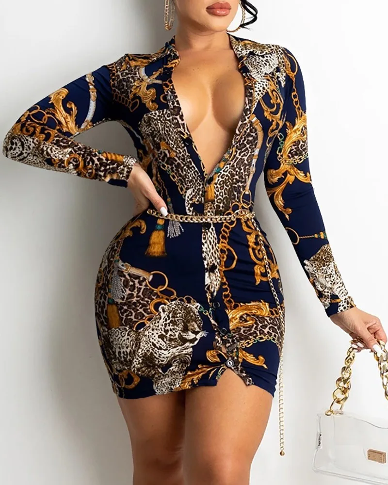 Printed V-neck Long-sleeved Midi Dress - Navy