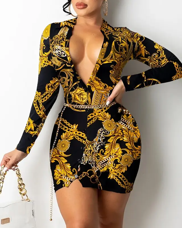 Printed V neck Long sleeved Midi Dress Yellow - Shop at LoveMi