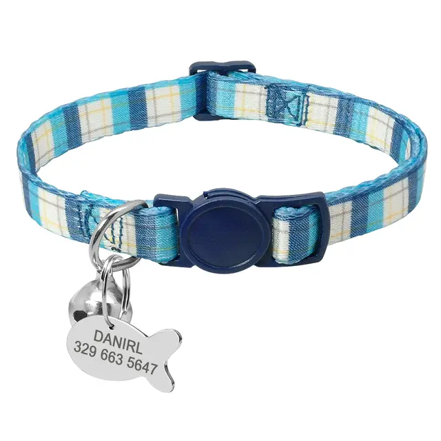 Cat Lettering Bell Collar Anti lost Tag Plaid Blue - Shop at LoveMi