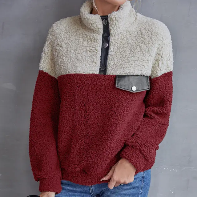 Fashion Women's Plush Color blocking Casual Sweater Wine Red - Shop at LoveMi
