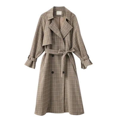 Plaid Windbreaker Over The Knee Temperament Loose And Thin Long Coat Women Khaki - Shop at LoveMi