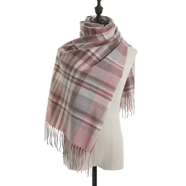 Imitation Cashmere Scarf Plaid Thickened Cold And Warm Tassels Pink - Shop at LoveMi