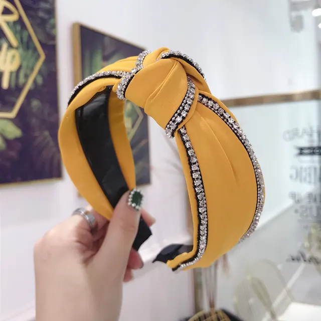 Fabric Diamond studded Knotted Wide brimmed Toothed Headband Yellow - Shop at LoveMi
