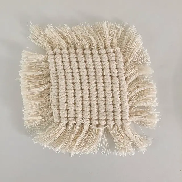 Handmade Cotton Woven Coaster Tassel Placemat Table Top Decoration Beige Square Foursided Tassel - Shop at LoveMi