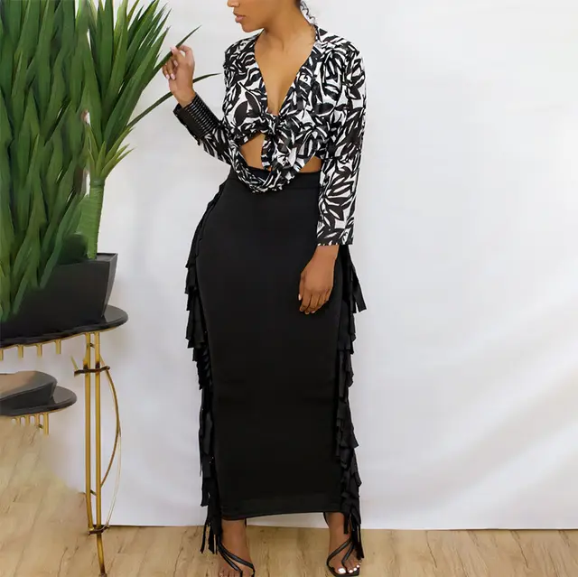 Casual High Waist Pleated Mid length Fringed Skirt Black - Shop at LoveMi