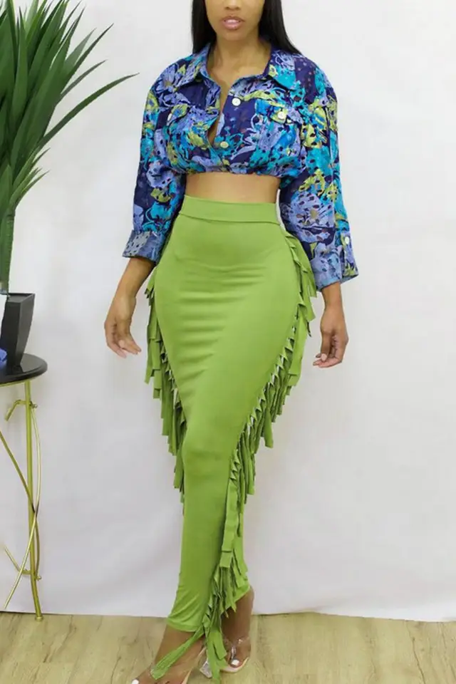 Casual High Waist Pleated Mid length Fringed Skirt Green - Shop at LoveMi