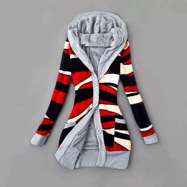 Thick Printed Hooded Knitted Cardigan Jacket Black And Red Bars - Shop at LoveMi