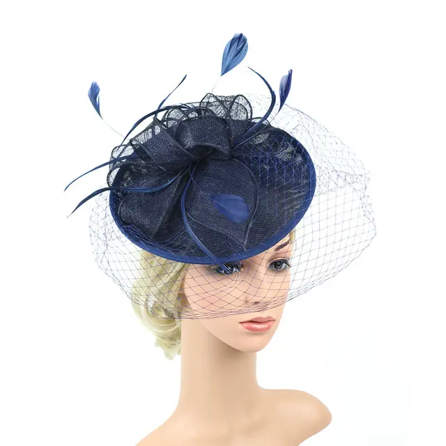 Linen Hat Feather Headdress Bridal Photography Photo Accessories Navy Blue - Shop at LoveMi