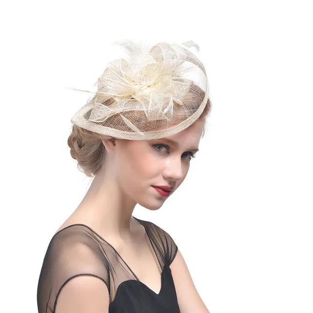 Hemp Yarn Banquet Net Top Hat Bridal Feather Hairpin Beige - Shop at LoveMi