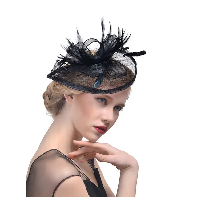 Hemp Yarn Banquet Net Top Hat Bridal Feather Hairpin Black - Shop at LoveMi