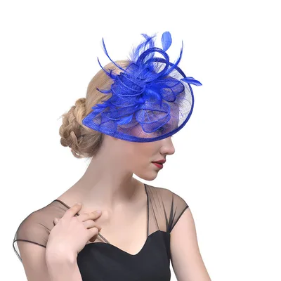 Hemp Yarn Banquet Net Top Hat Bridal Feather Hairpin Blue - Shop at LoveMi