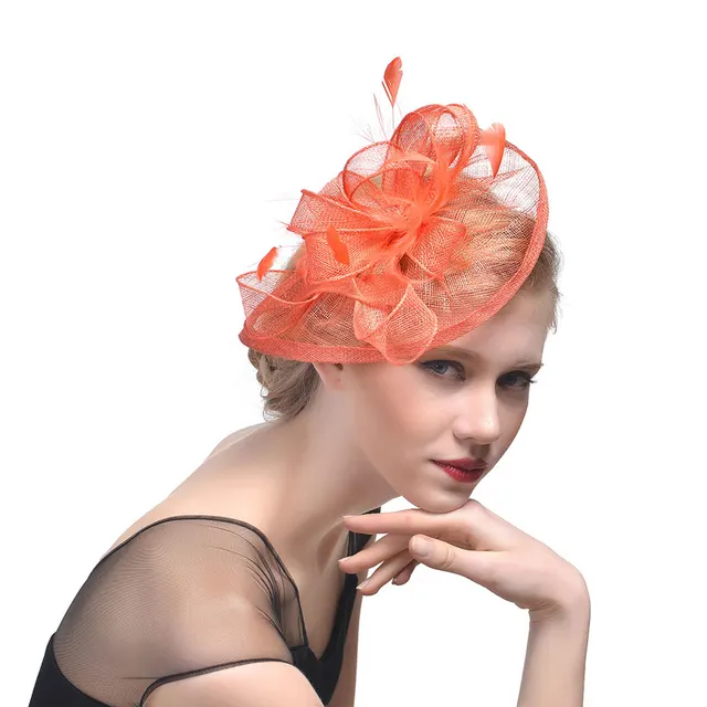 Hemp Yarn Banquet Net Top Hat Bridal Feather Hairpin Orange - Shop at LoveMi