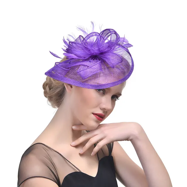Hemp Yarn Banquet Net Top Hat Bridal Feather Hairpin Purple - Shop at LoveMi
